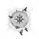 cross with rising sun behind it, and butterflies flying around it tattoo design idea