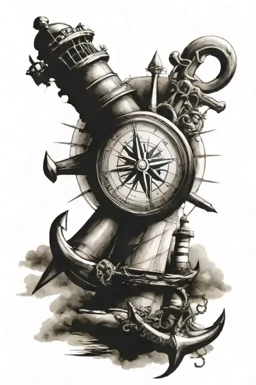anchor compass lighthouse tattoo design idea