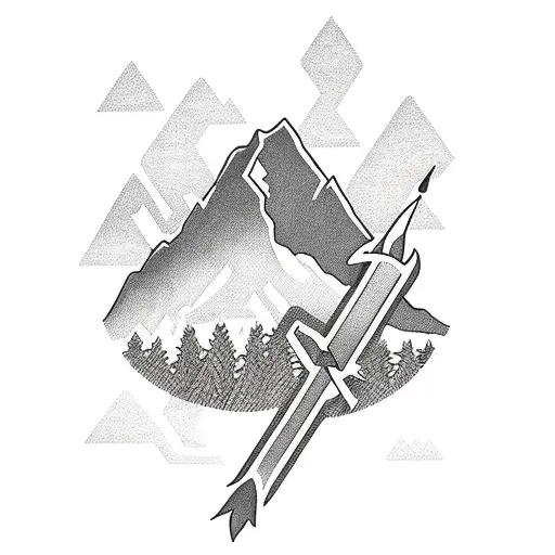 Mountain scene with fire, arrow, laurel, and cross tattoo design idea