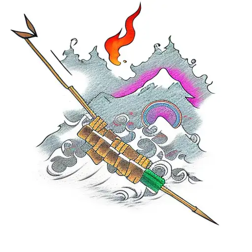 arrow, mountain, fire, cross, laurel tattoo design idea