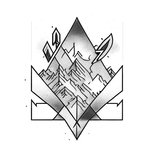 arrow, mountain, fire, cross, laurel tattoo design idea