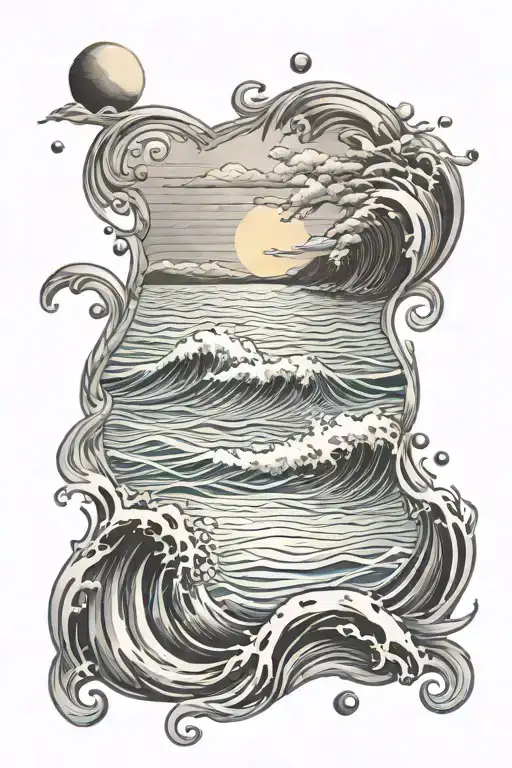 sun rain sea waves tattoo design idea