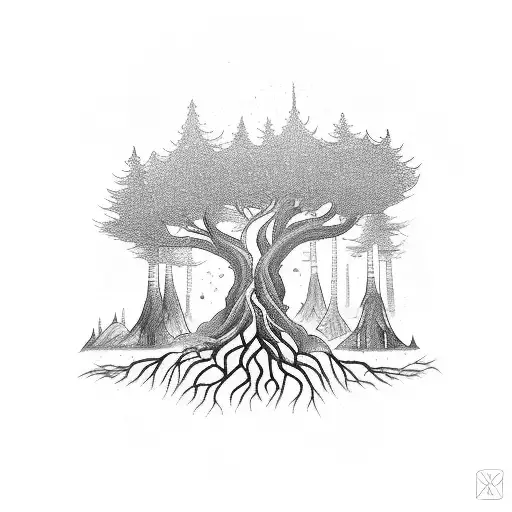 A mystical forest scene with a hidden path leading to a glowing light, embodying a sense of spiritual growth and creativity tattoo design idea