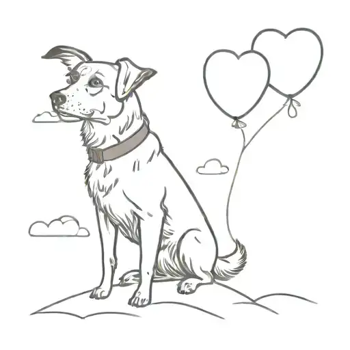 A Belgian Shorthaired Sheepdog tied to 3 heart shaped balloons floating in the sky tattoo design idea