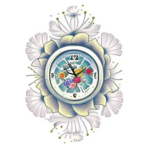 flowers and dandelions and clock tattoo design idea
