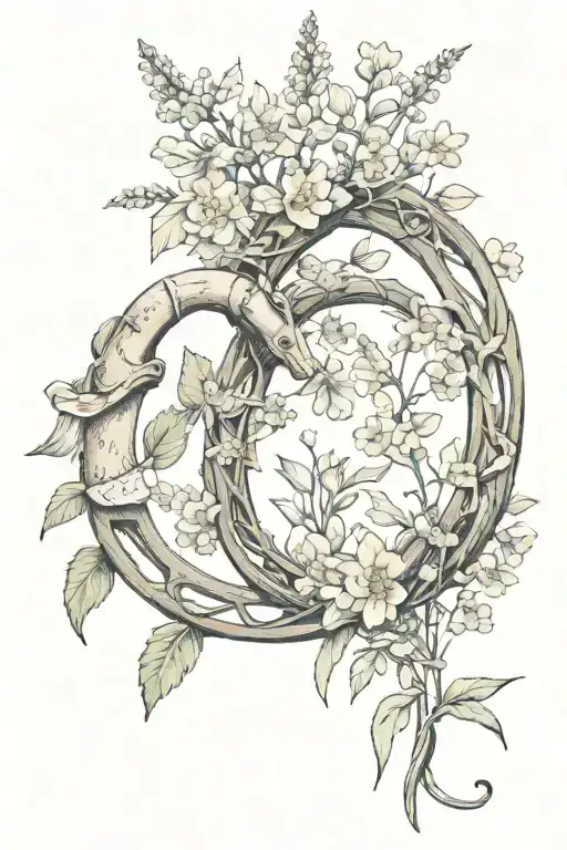 horse shoe and wild flower intertwined tattoo design idea