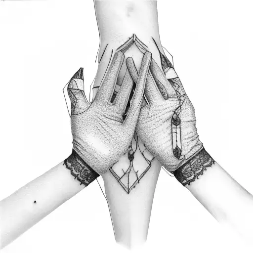 Two hands clasped together, one with a welding glove and the other with a delicate lace glove tattoo design idea