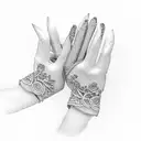 Two hands clasped together, one with a welding glove and the other with a delicate lace glove tattoo design idea