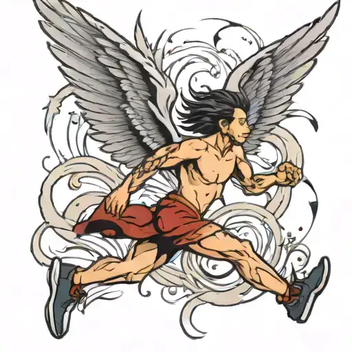 A traditional style tattoo of a person running towards freedom, with wings sprouting from their back tattoo design idea
