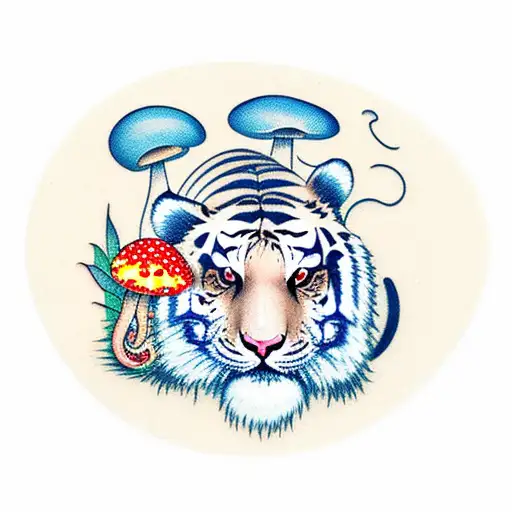 Traditional Chinese Tiger surrounded by Mushrooms  tattoo design idea