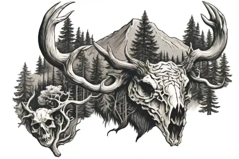 bear and elk skull with trees tattoo design idea