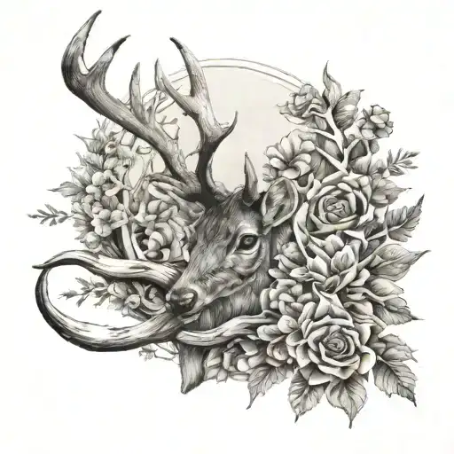 deer antlers with flower at the foot tattoo design idea