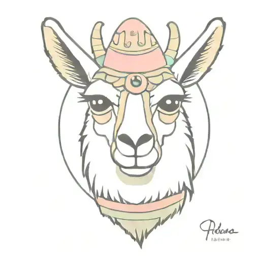 Llama face with toy hammer to one side and a pastel de nata in the other tattoo design idea