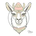Llama face with toy hammer to one side and a pastel de nata in the other tattoo design idea