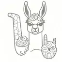 Llama face with toy hammer to one side and a pastel de nata in the other tattoo design idea