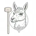 Llama face with toy hammer to one side and a pastel de nata in the other tattoo design idea