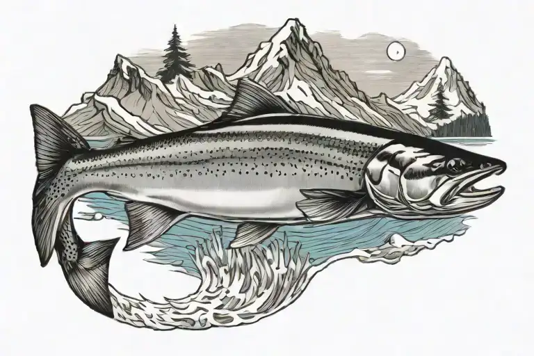 Salmon with Mount Rainier in the background tattoo design idea