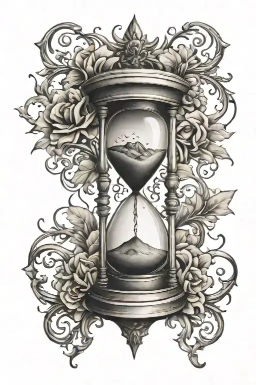 hourglass with windstorm and arabesque details tattoo design idea