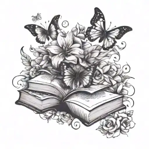 books, flowers and butterflys flying tattoo design idea