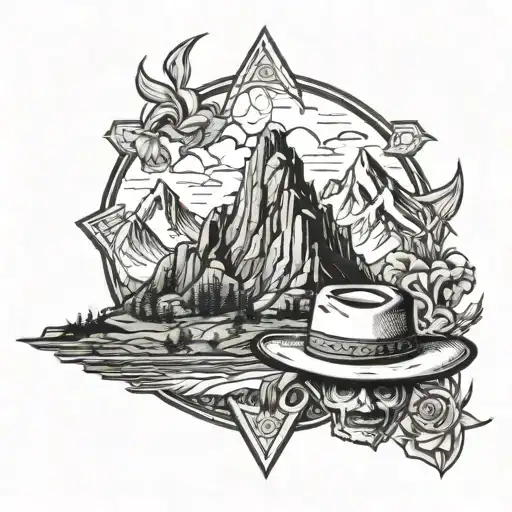 Teton mountains with a cowboy hat, Mickey Mouse, Buddha, and a arrowhead distinctively added in  tattoo design idea
