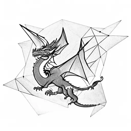 A geometric shaped dragon flying over a mountain range with a cardinal perched on its back tattoo design idea