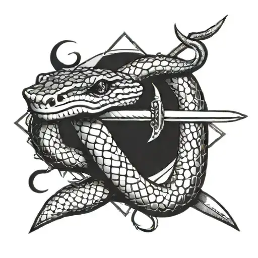 sword stabbing snake slithering tattoo design idea