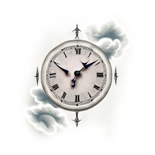 right arm sleeve, old clock, rose, dove, clouds tattoo design idea