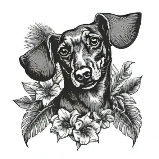 A dachshund singing into a microphone surrounded by tropical Maldives flowers tattoo design idea