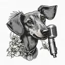 A dachshund singing into a microphone surrounded by tropical Maldives flowers tattoo design idea