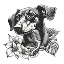 A dachshund singing into a microphone surrounded by tropical Maldives flowers tattoo design idea