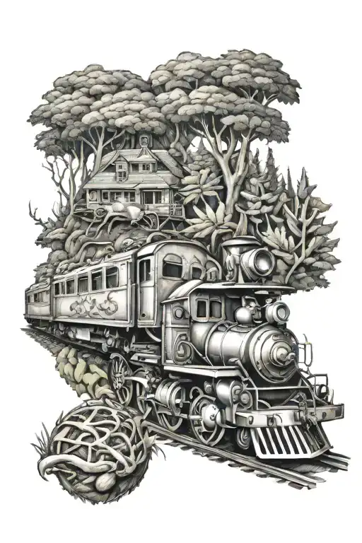 locomotive, forest, salamander, chick, tattoo design idea