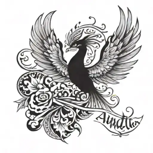 Anindita name under the phoenix bird simple black and white tattoo  tattoo design idea