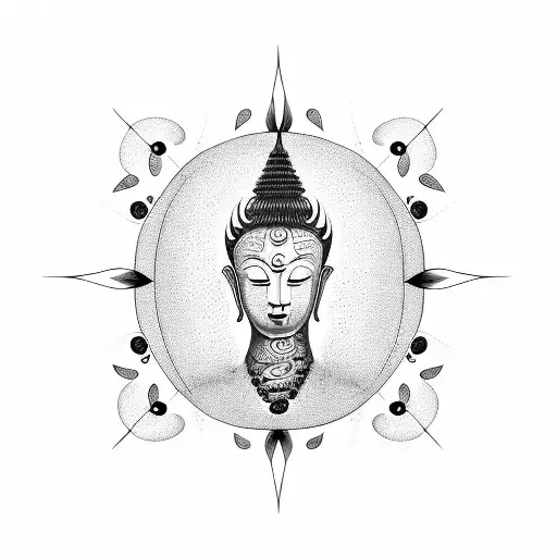 monstera leaves with Buddhism black and white and chakras  tattoo design idea