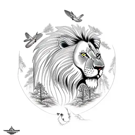 forest scene with lion and bear and tortoise and hawk and dragon fly tattoo design idea