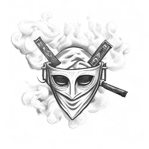 A masked figure holding a tray of drugs and money, surrounded by smoke tattoo design idea