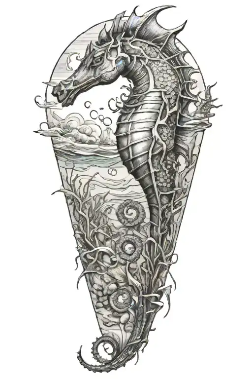  underwater, beach, posiden, sea horse, diving, spearfishing,  tattoo design idea