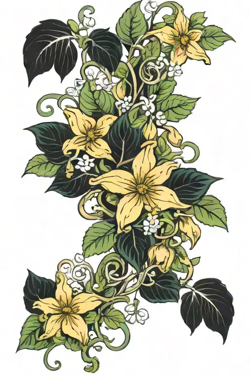 FLOWERS WEAVING THROUGH IVY AND VINES with BLACK-EYED SUSANS, MAYFLOWERS, VIOLETS, ROSES, and lily of the valley tattoo design idea