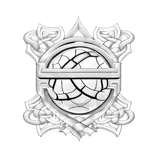 A detailed blackwork tattoo of a police badge intertwined with sports equipment like a basketball and baseball bat tattoo design idea