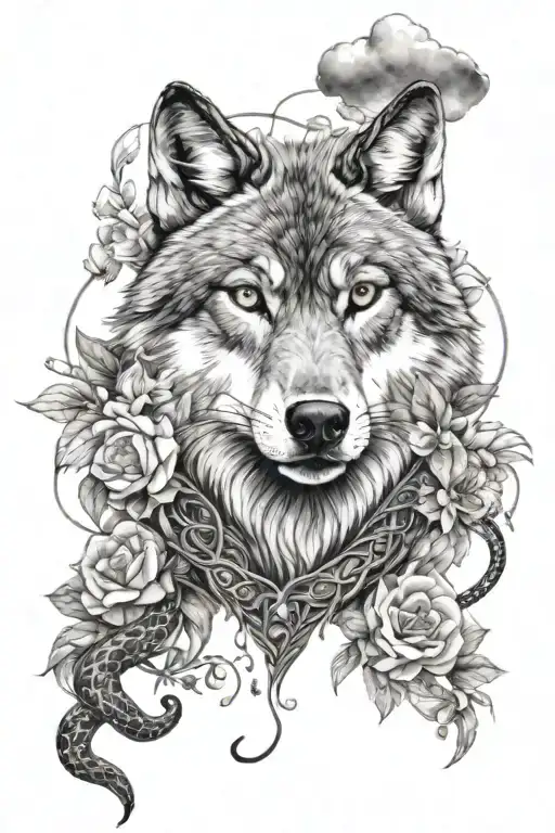 wolf face with snake slithering and jasmine flowers with clouds and three stars tattoo design idea