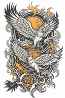 Phoenix rising from the ashes vs grey wolf howling tattoo design idea