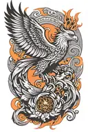 Phoenix rising from the ashes vs grey wolf howling tattoo design idea