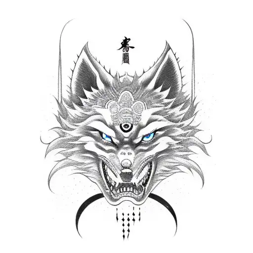 Kitsune mask permeated with katana tattoo design idea