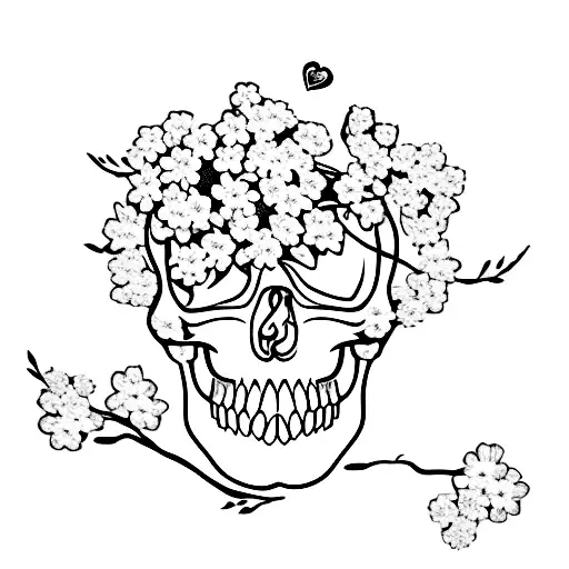 A tattoo of a human skull surrounded by sakura flowers, symbolizing your love for photography and nature tattoo design idea