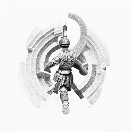 gladiator sitting on a column without an armor, a fibonacci spiral is coming out from the curve of his back tattoo design idea