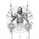 gladiator sitting on a column without an armor, a fibonacci spiral is coming out from the curve of his back tattoo design idea