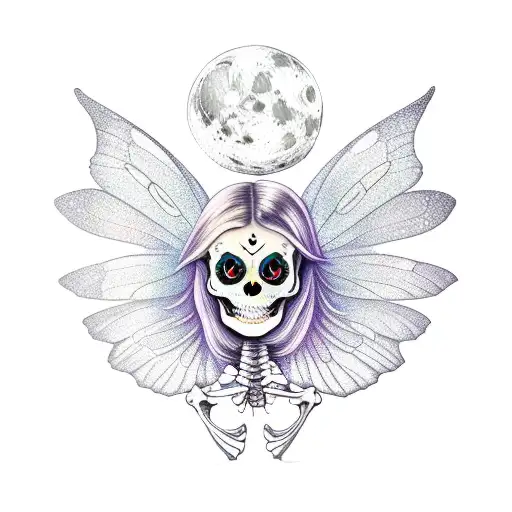 skeleton fairy with lunar moth wings, moon tattoo design idea