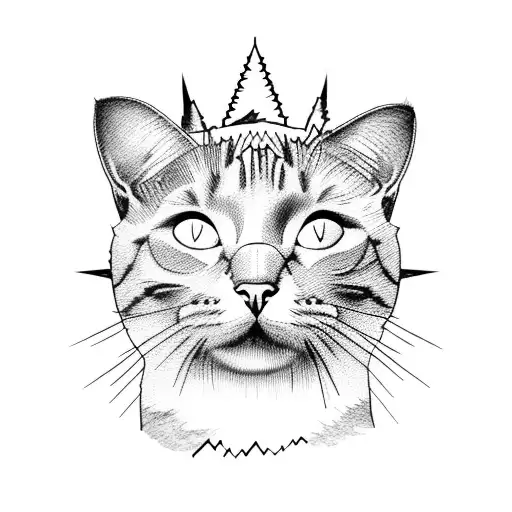 cat with mountains in the backround with marihuana leaves surrounding it tattoo design idea