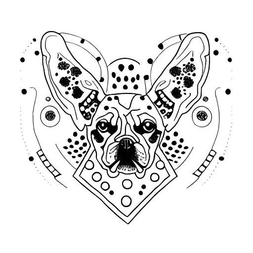 A tattoo of a black and grey portrait of Dotty, your dog, surrounded by motifs of three bones. tattoo design idea