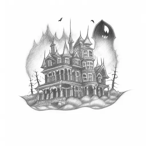 A sketch-style tattoo of a spooky haunted house from a scary movie, with three ghostly figures lurking in the shadows. tattoo design idea