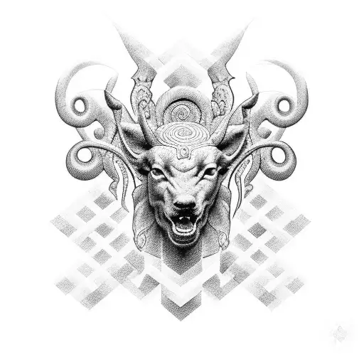 A dotwork design featuring three iconic symbols from Greek mythology tattoo design idea